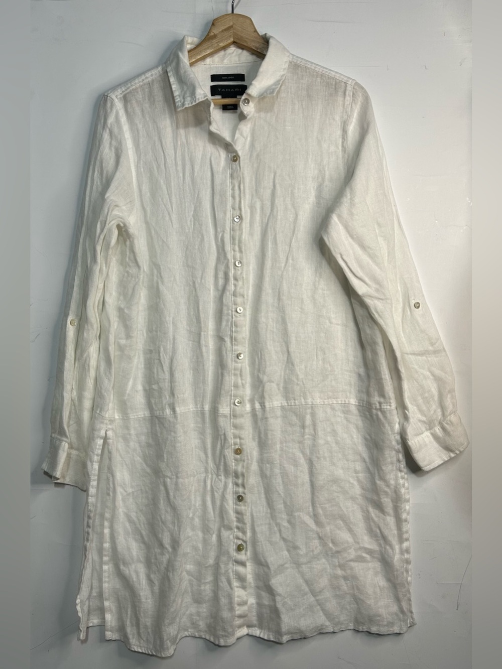 TAHARI White 100% Linen Button Front Dress Medium